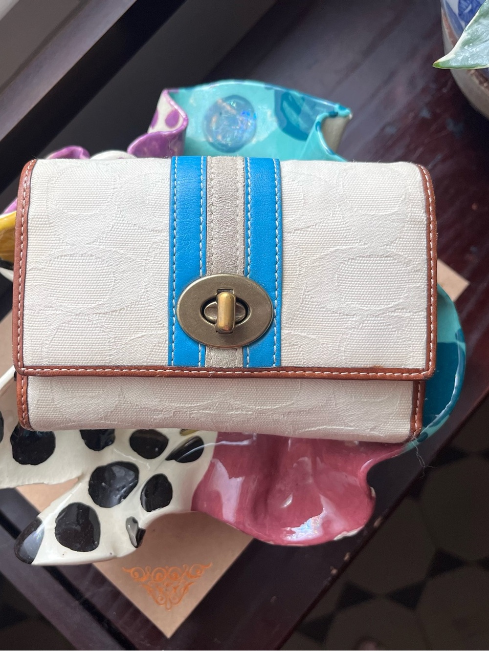 Vintage Coach Cream Wallet with Blue Stripe Accent and Leather Trimming